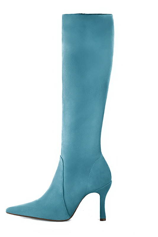 Peacock blue women's feminine knee-high boots. Pointed toe. Very high spool heels. Made to measure. Profile view - Florence KOOIJMAN